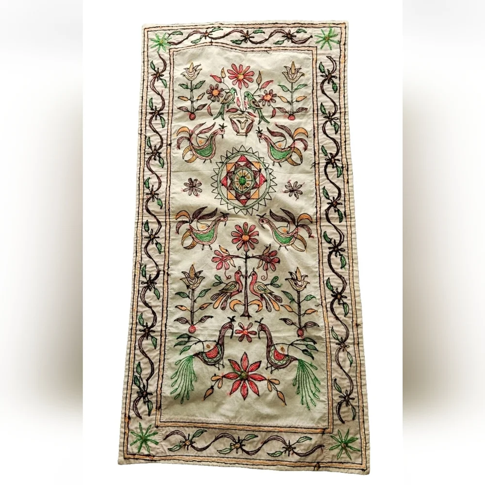South American Folk Art Floral Embroidered Tapestry Table Runner  17×34 Wall Art